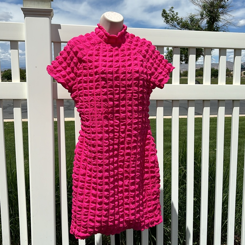 Pink Smocked Poly Dress Size L, NWOT - Picture 2 of 5